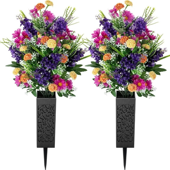 Artificial Cemetery Flowers for Grave: Memorial Day Flowers for Cemetery - Outdoor Grave tions - 2 Pcs Purple Violet Mums Bouquets with Vases
