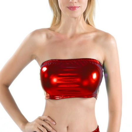 

YIWEI Women Sexy Bikini Wet Look Bustier Vest Blouse Crop Top Shiny Tank Dance Club Red M