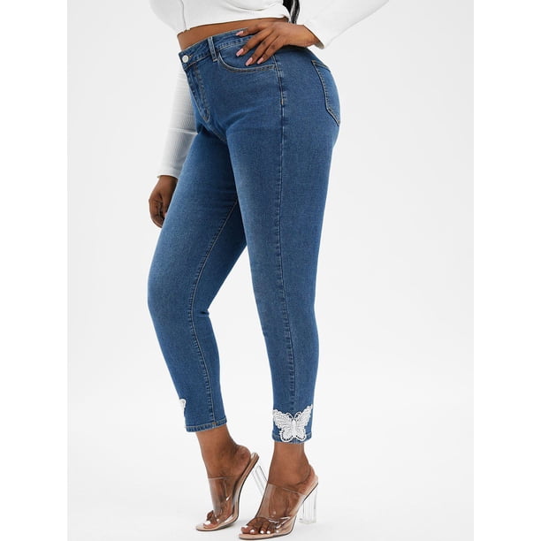 Jeans Cintura Alta Encaje Rosegal Vaqueros de talla grande