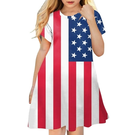 

kpoplk Girls July 4th American Flag Dress Patriotic Sleeveless Cami Scale Sundress(5-6 Years)