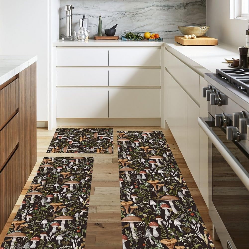 Boho Mushroom Print Kitchen Rugs Sets of 3,Non Slip Rubber Kitchen Mats for Floor Vintage Farmhouse Washable Kitchen Area Rugs Floor Carpet Runners for Hallway Laundry Room,Brown/Black/Green
