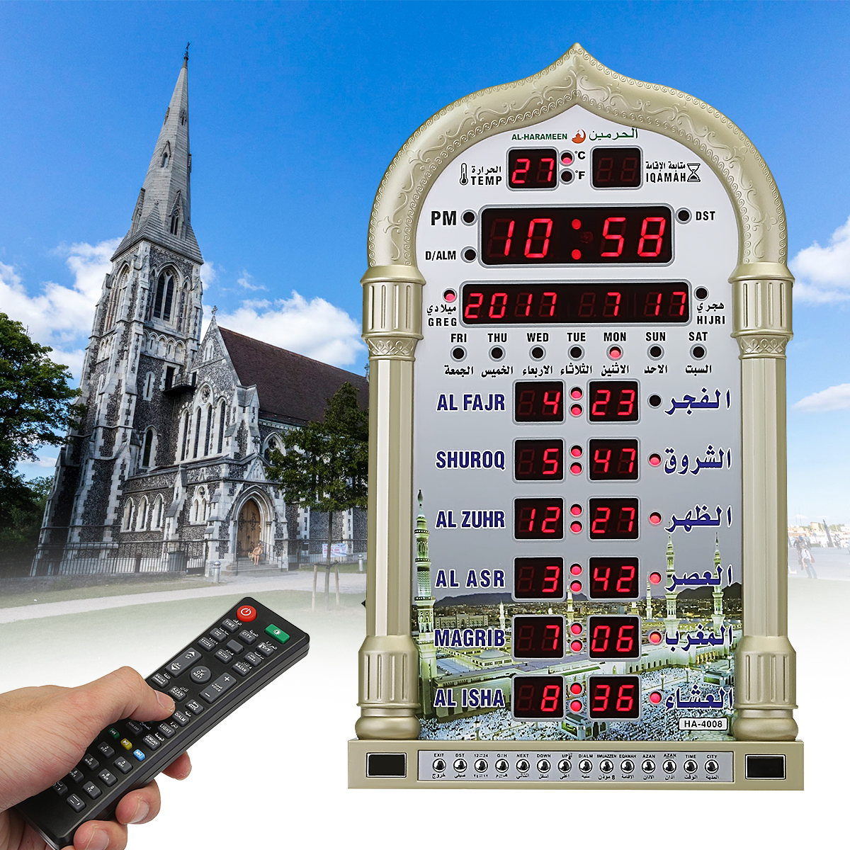 LANGSHI Azan Clock LED Islamic Clock Muslim Prayer Clock Table Desk Digital Alarm Clock for Home Office Decorative Ramadan Gift Gold 