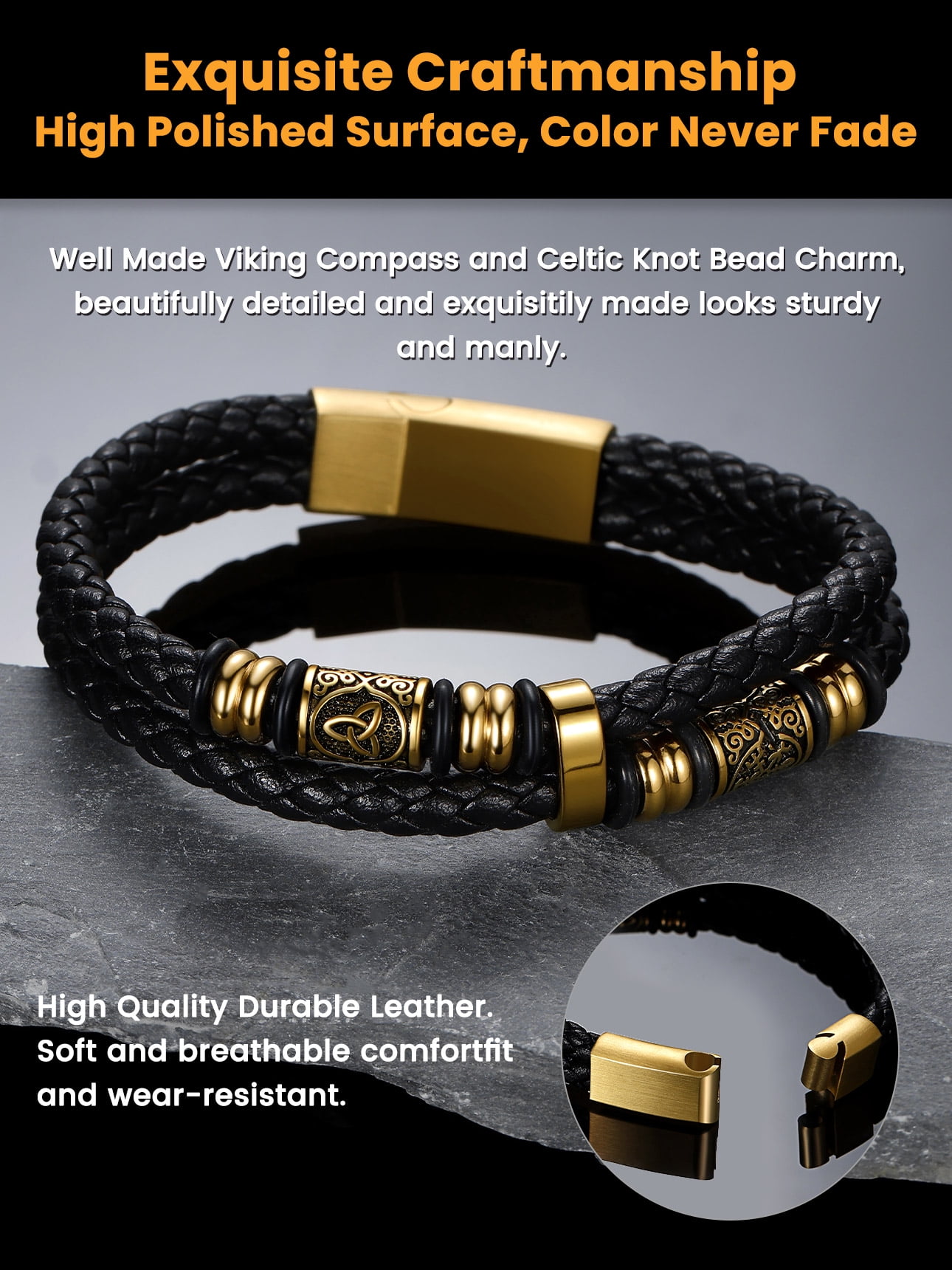 Bestyle Gold Plated Leather Bracelets for Men, Fashion Stainless Steel Celtic Beaded Wristband Gifts for Birthday Valentine's Day, 8.3 Inch