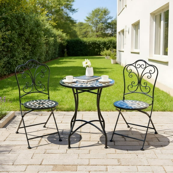 YYAo Side Table, 24" Round End Table, Unique Relief Ceramic Tile Tabletop with Metal Frame, Metal Scrollwork Accent Table, Coffee Tea Table Nightstand for Living Room, Bedroom, Indoor Outdoor Use