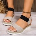thumbnail image 2 of Rokment Women's Beach Platform Wedge Dressy Sandals Comfortable Breathable Color Block Linen Elastic Ankle Strap Espadrilles Walking Sandals Casual Chunky High Heel Dress Summer Shoes Beige Size 6.5, 2 of 6