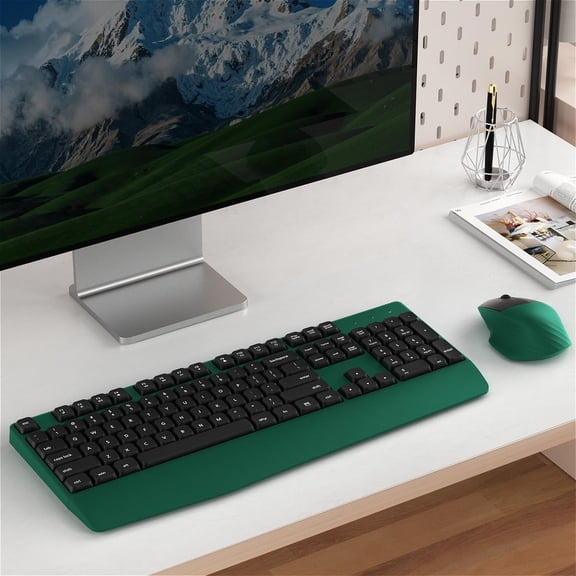 2.4GHz Wireless Keyboard and Mouse Combo with Wrist Rest, Ergonomic Design for PC/Laptop/Windows/Mac (Black Green)