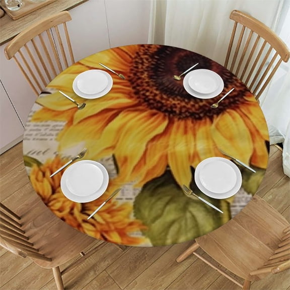 Watercolor Sunflower Fitted Tablecloth Round with Elastic Edged, Vintage Cornflower Floral Waterproof Wipe