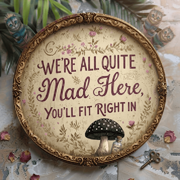 Vintage style "We are all crazy" aluminum wall art, 8*8 inch round aluminum sign, with flowers and mushrooms, perfect for home,, office, unique creative, garden wall art | Bohemian decor