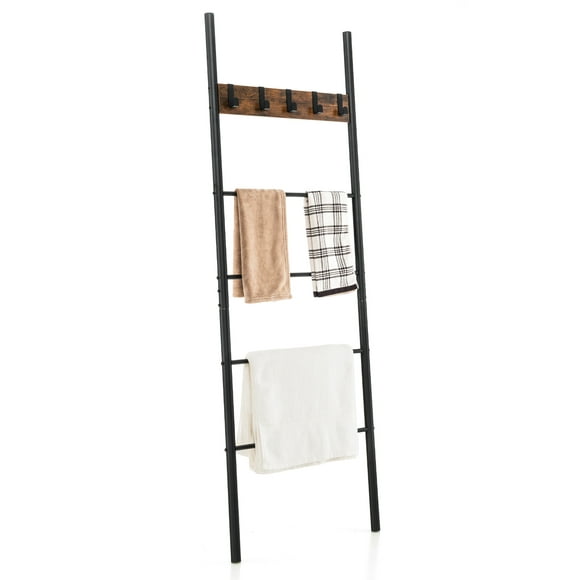 Topbuy Wall-Leaning Blanket Towel Ladder 5-Tier Quilt Ladder with 5 Removable Hooks Home Industrial Storage Shelf w/ Anti-slip Foot Pads