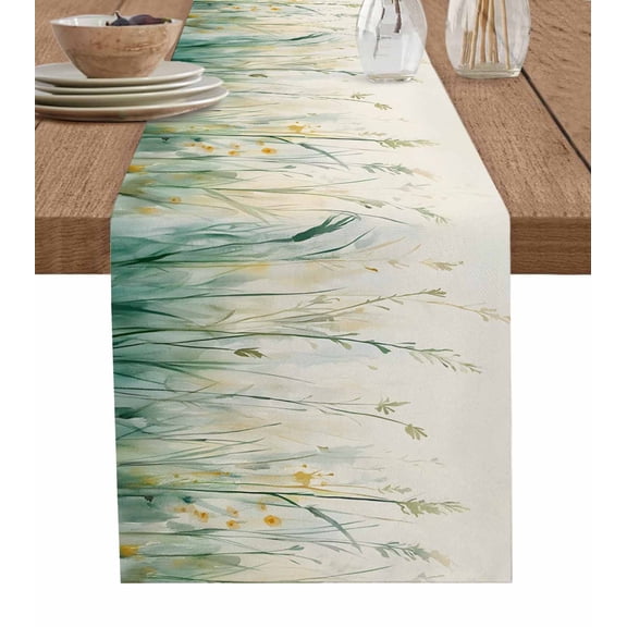 Spring Botanical Table Runner 70 Inches, Modern Watercolor Green Leaf Plant Bed Runner Dresser Scarves Tabletop for Indoor Outdoor Parties/Ceremony/Banquet, 13" x 70"