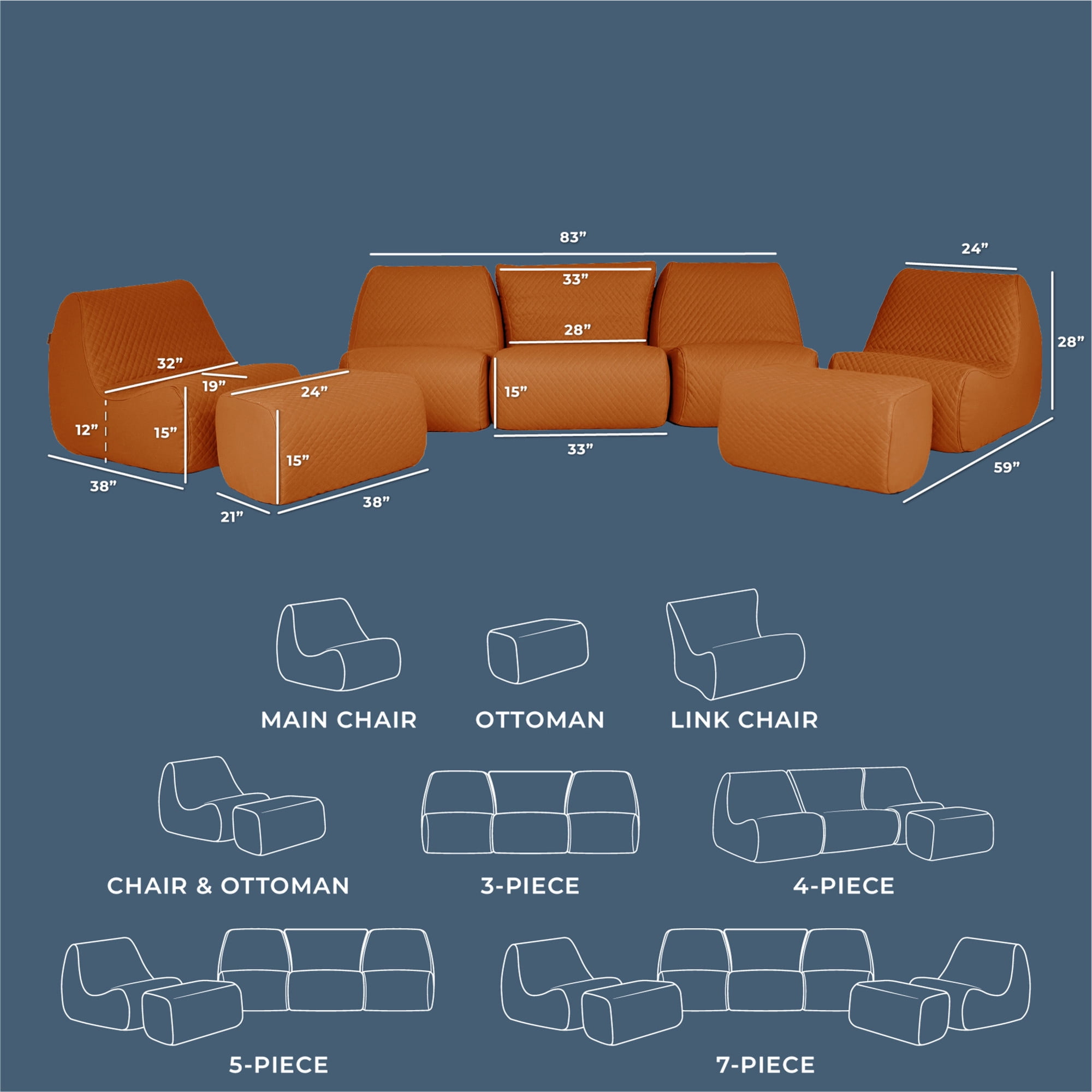 Big Joe Solvana Outdoor Sectional, 7 Piece Patio Furniture Set, Weather-Resistant Cool Touch Silicone Stitched Leather Sofa, Honey Sand
