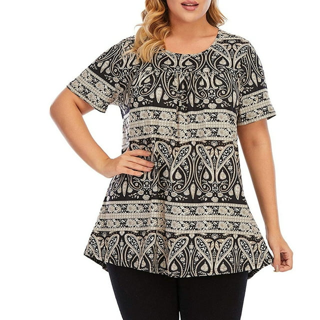Pompotops Femmes Impression Manches Courtes O-Cou Grande Taille Plissé T-Shirt Chemisier Tops