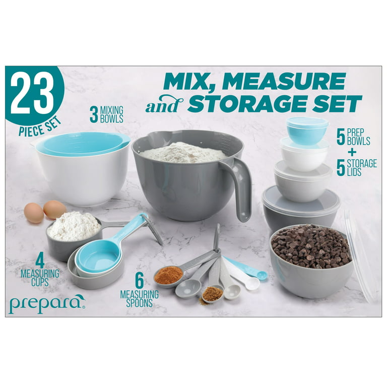 Prepara Mixing Bowl Set, 23 Pieces with Lids, Measuring Cups and Spoons,  Gray