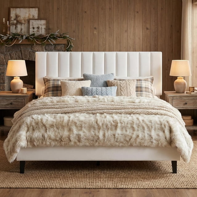 Queen Size Bed Frame, Velvet Upholstered Platform Bed with Adjustable Vertical Channel Tufted Headboard, No Box Spring Needed, Easy Assembly, White