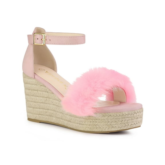 BLISSFUL STEP Women's Sandals Wedge Heels Espadrille Platform Faux Fur Ankle Strap Sandals Pink 8.5