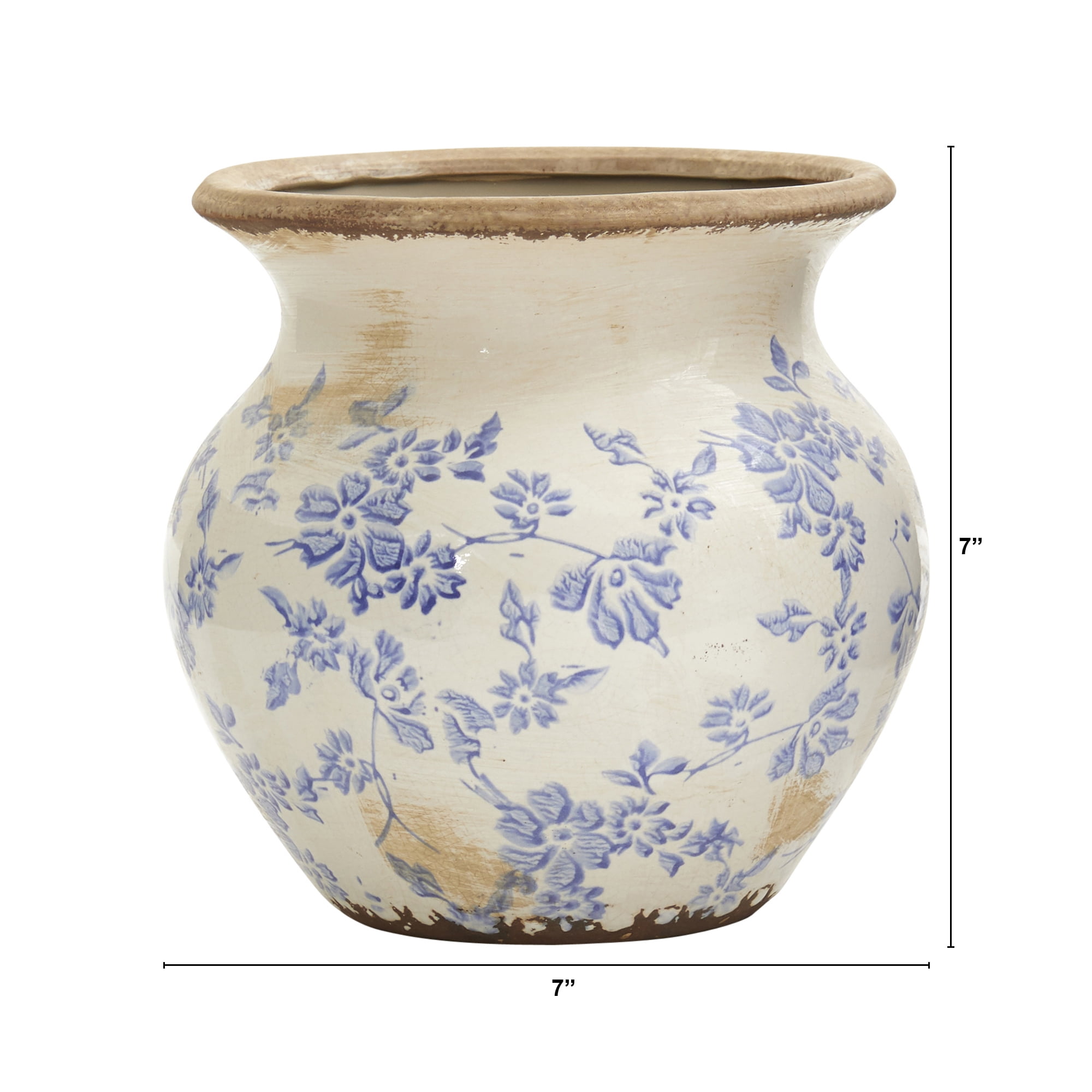 Nearly Natural 7" Traditional Tuscan Ceramic Blue Scroll Urn Vase