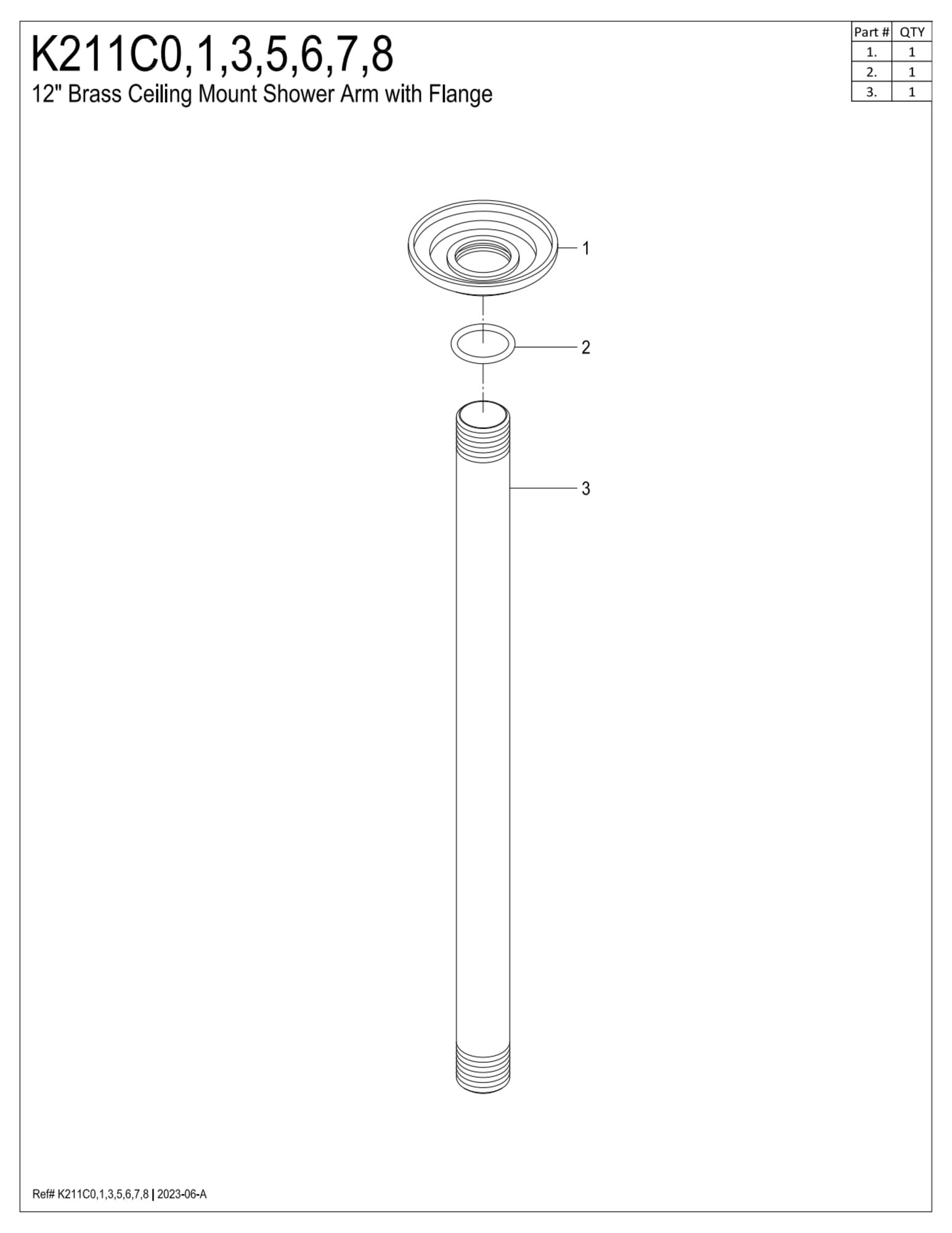 Kingston Brass K211C1  12" Rain Drop Ceiling Mount Shower Arm with Round Flange, Polished Chrome
