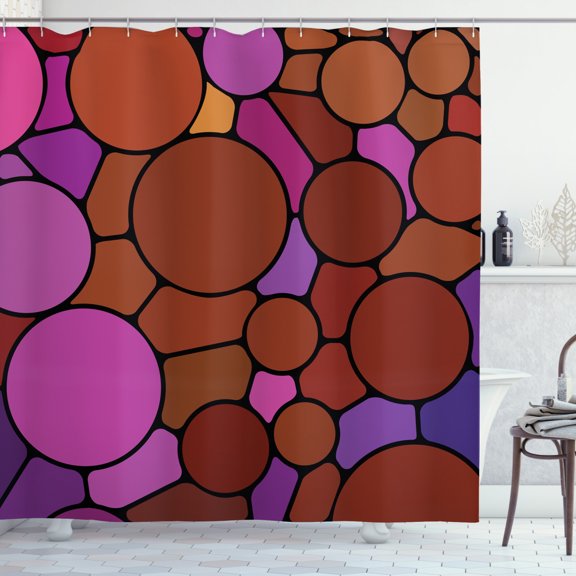 Abstract Shower Curtain, Modern Round Blots in Different Sizes and Shapes Funky Retro Colors Art, Fabric Bathroom Set with Hooks, 69W X 75L Inches Long, Rust Fuchsia Quartz, by Ambesonne