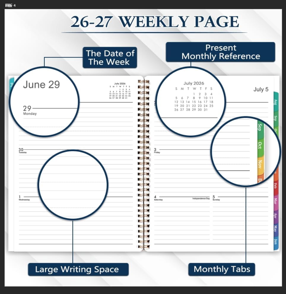 Planner 2026-2027 - 2026-2027 Planner weekly and monthly, July 2026 - June 2027, 9" x 11", Academic Calendar 26-27 with Colourful Tabs, Inner Pocket, Premium Paper, Twin-wire Binding