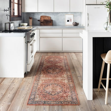 Loloi II Layla Printed Oriental Distressed Red / Navy Area Rug 2’-6”x12’-0