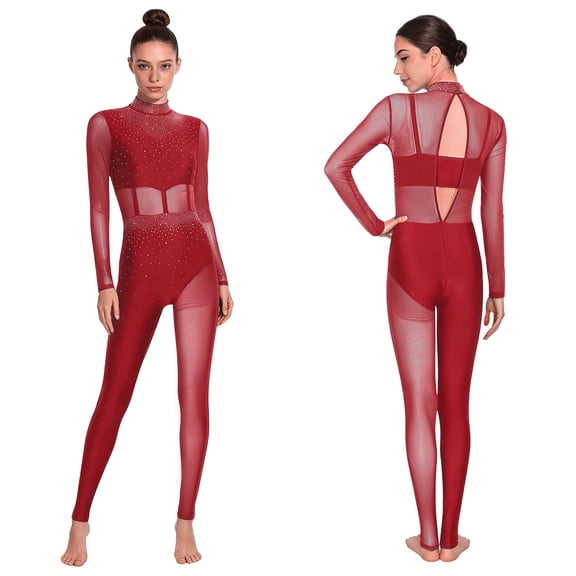 iiniim Women's Long Sleeve Dance Unitard Ballet Gymnastics Full Body Leotard Performance Costume Burgundy L