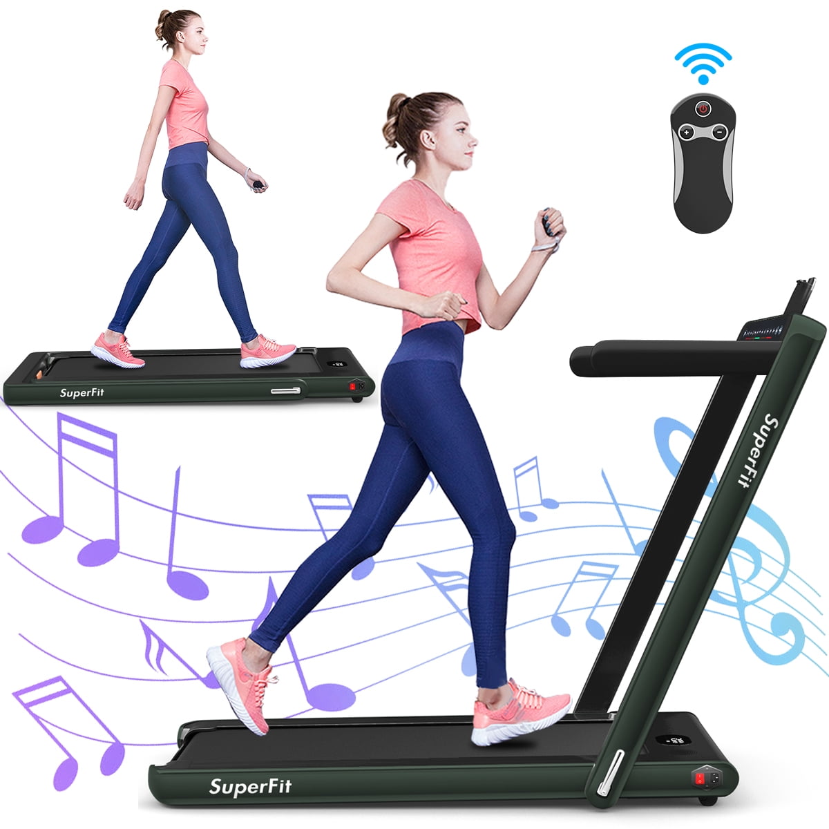 Gymax 2 in 1 Folding Treadmill 2.25HP Running Machine w Dual Display Green