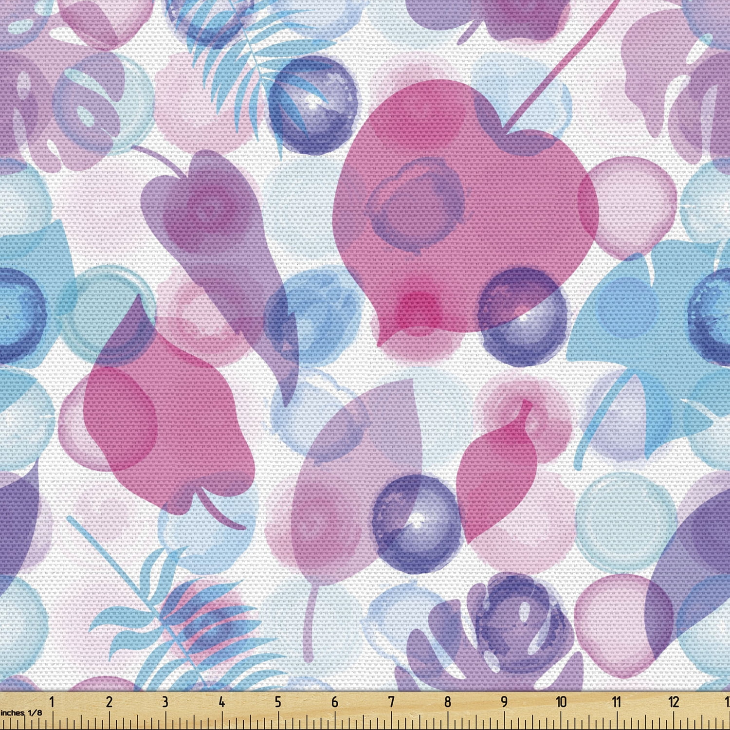 Blue and Pink Sofa Upholstery Fabric by the Yard, Summer Pattern with Leaves on Bubble Rounds in