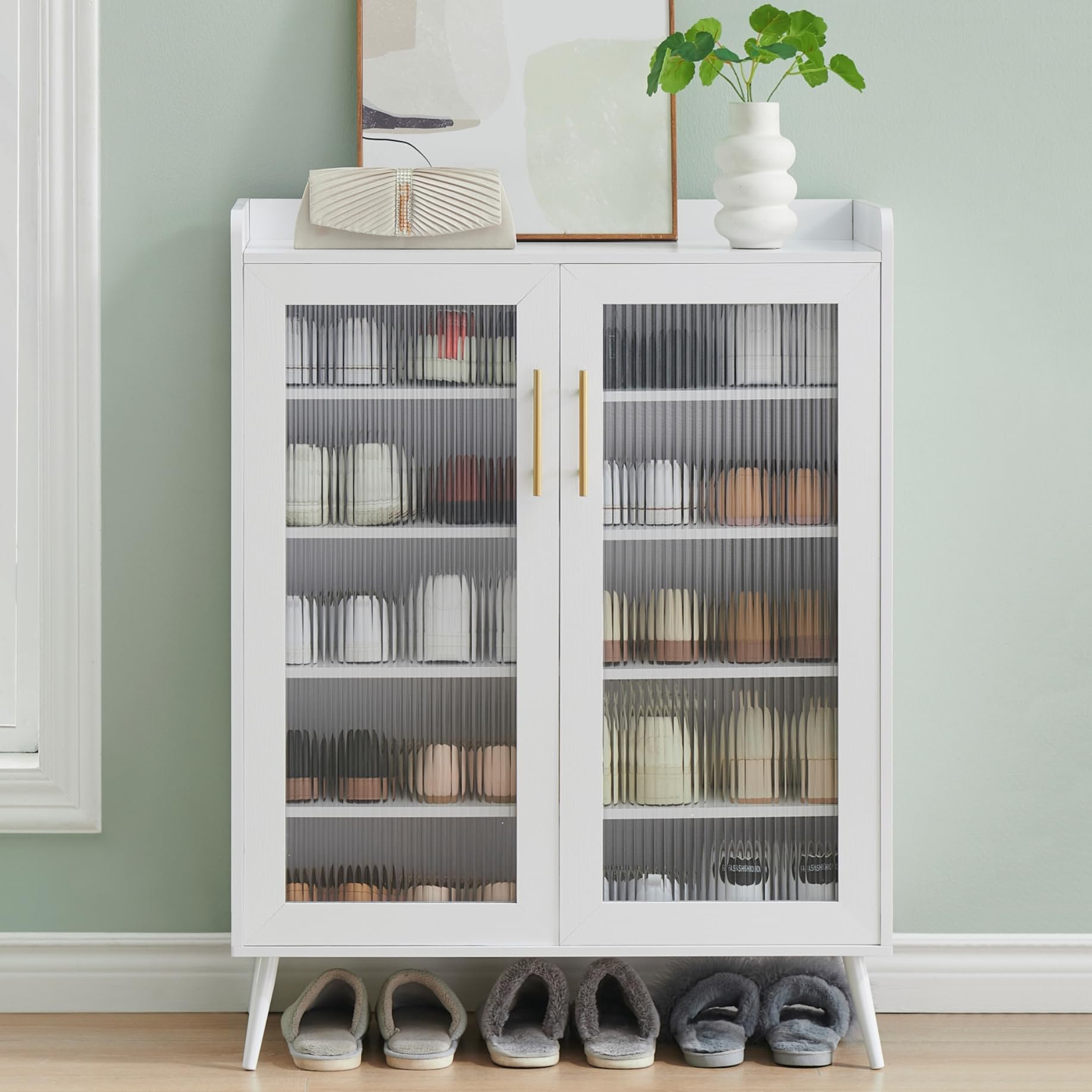 Juiluna Shoe Storage Cabinet for Entryway 5-Tier Shoe Rack Storage Organizer with Glass Doors & Adjustable Shelves for Closet Hallway Living Room Office