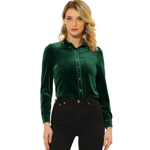 Unique Bargains Chemise Col Rond Boutonné Velours Vert Foncé L