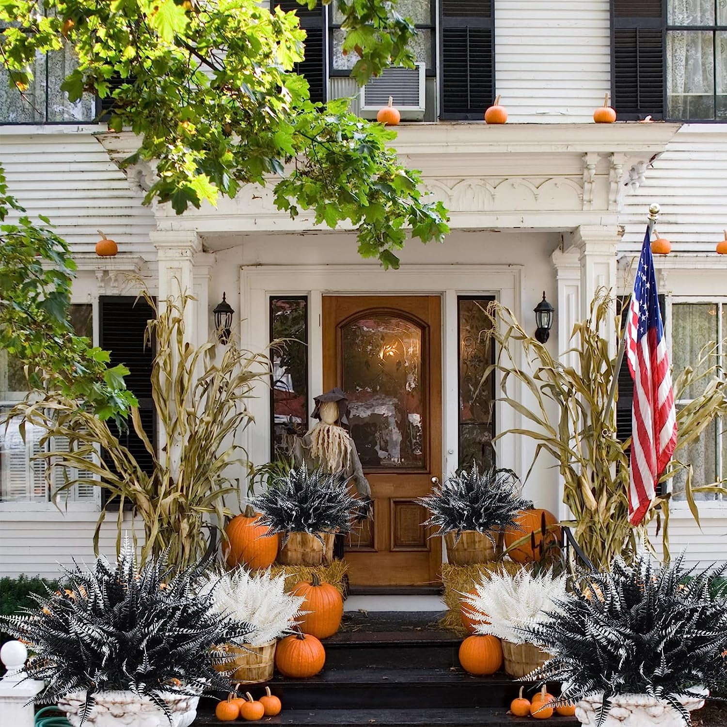 4PCS Artificial Boston Fern Fall Plant Fake Bushes Shrubs Outdoor Greenery UV Resistant Plants Faux Plastic Plants for Home Garden Indoor Fall Thanksgiving Autumn Decor (Black White)