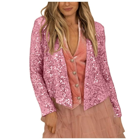 UJNDER Women's Fashion Solid Sequined Short Casual Coat Cardigan Top for Party Fall Outfits and Glamour Pink M
