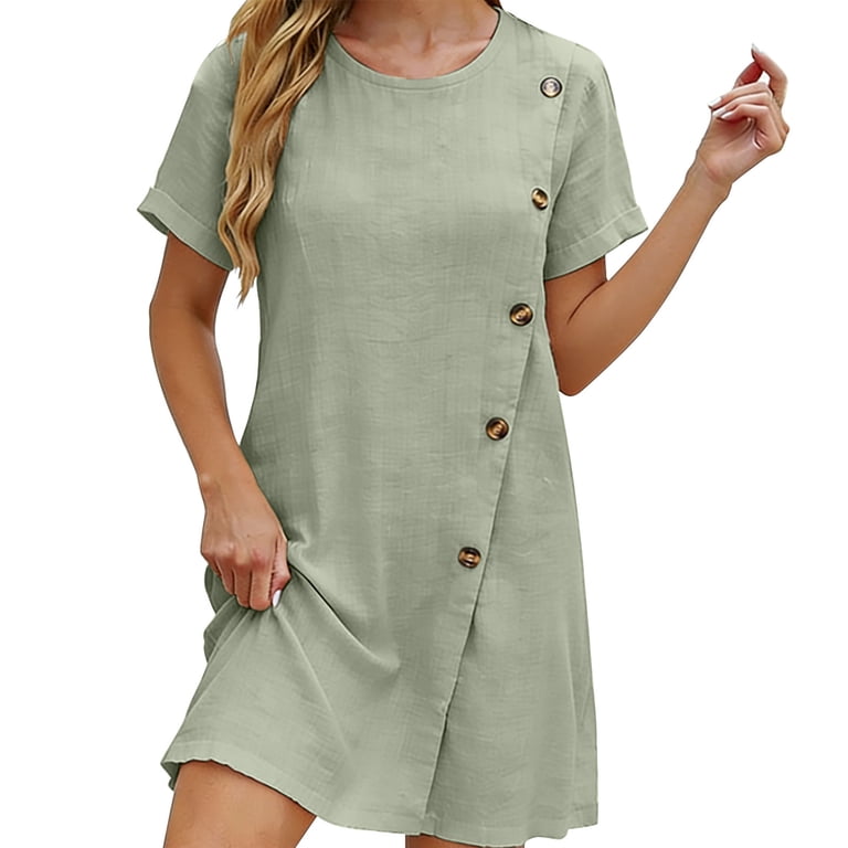 dresses for work dinner Sentmoon Boho Dress Midi Women 2026 Solid Color Short Sleeve Crew Neck Button Down Regular Fit Womens Summer Dress for Date Night 0 business dinner outfit female New wedges on the Color:AS PHOTO(NAVY BLUE) over-40