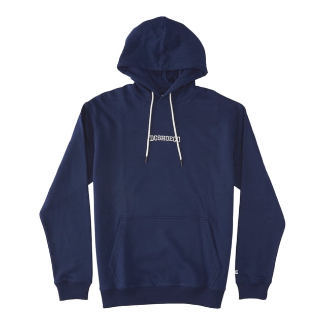 sudadera dc shoes baseline para hombre color azul modelo adyft03390byj0 sudadera con capucha azul marino, vista frontal centrada; silueta clásica con bolsillo canguro, cordones blancos y logo DC SHOES blanco en el pecho; mangas largas con puños acanalados y dobladillo recto, mezcla poliéster/algodón visible. A menudo usada como capa casual urbana.