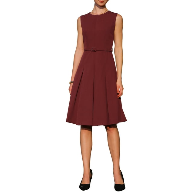 Vestido sin mangas para mujer INSPIRE CHIC con cremallera, cinturón, corte acampanado, midi, ideal para el trabajo, talla XL, color rojo vino