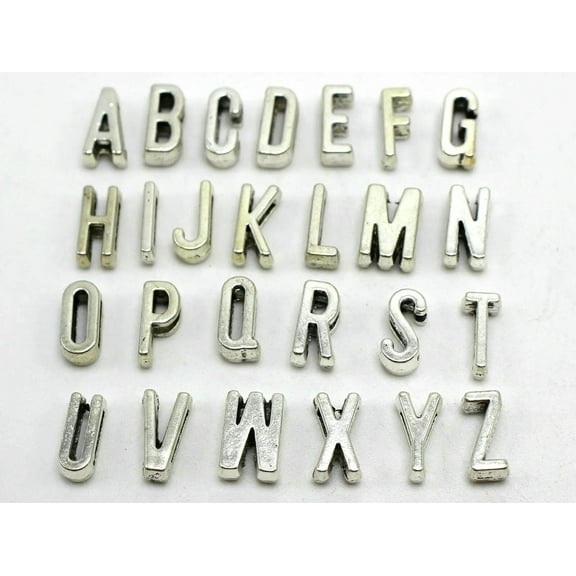 U8MO 26 Silver Tone Alphabet Letter "A-Z" Slide Charm Beads Fit 7mm Slider Wristbands