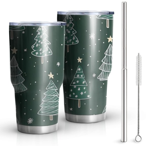 30oz Dark Green Christmas Tree Pattern Tumblers Stainless Steel Tumbler with Lid and Straw,Vacuum Insulated Double Wall Travel Tumbler Cups Mug with Cleaning Brush for Coffee,Tea