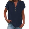 thumbnail image 6 of Women's Linen Shirts Summer Short Sleeve T-Shirts Top Casual Button Down V Neck Blouses Solid Color Loose Cotton Linen Pullover Top with Pocket, 6 of 7