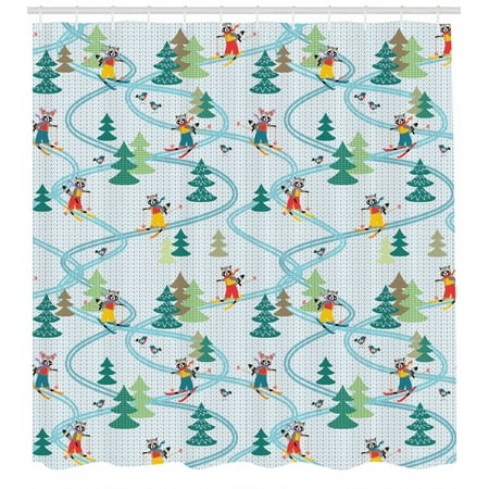 Kids Sports Shower Curtain Cute Funny Raccoons Skiing Winter Pine