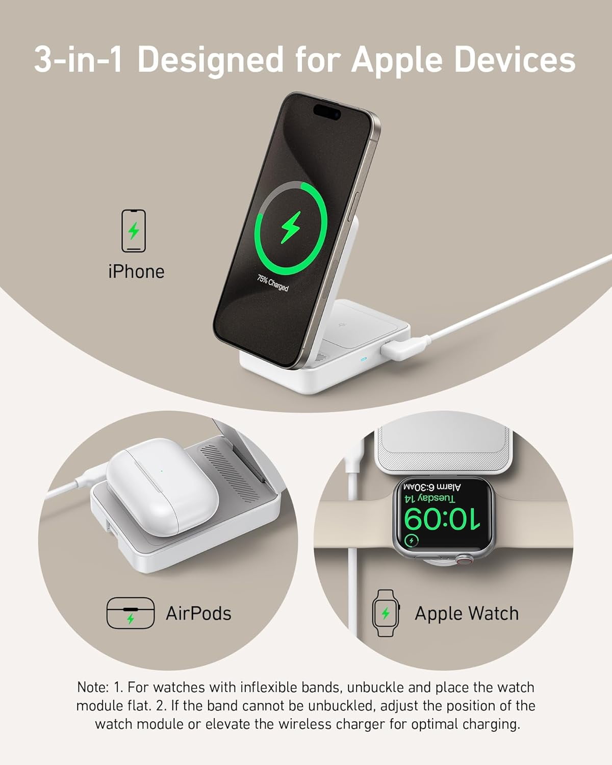 Restored Anker MagGo 3-in-1 Qi2 Certified 15W MagSafe-Compatible Wireless Charger Stand, White (Refurbished)