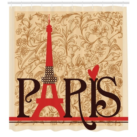 Brown Postcard - Vintage Shower Curtain, Paris Vintage Floral French Eiffel Tower City Holiday Stylish Postcards Gifts, Fabric Bathroom Set with Hooks, Red Brown Ecru, by Ambesonne