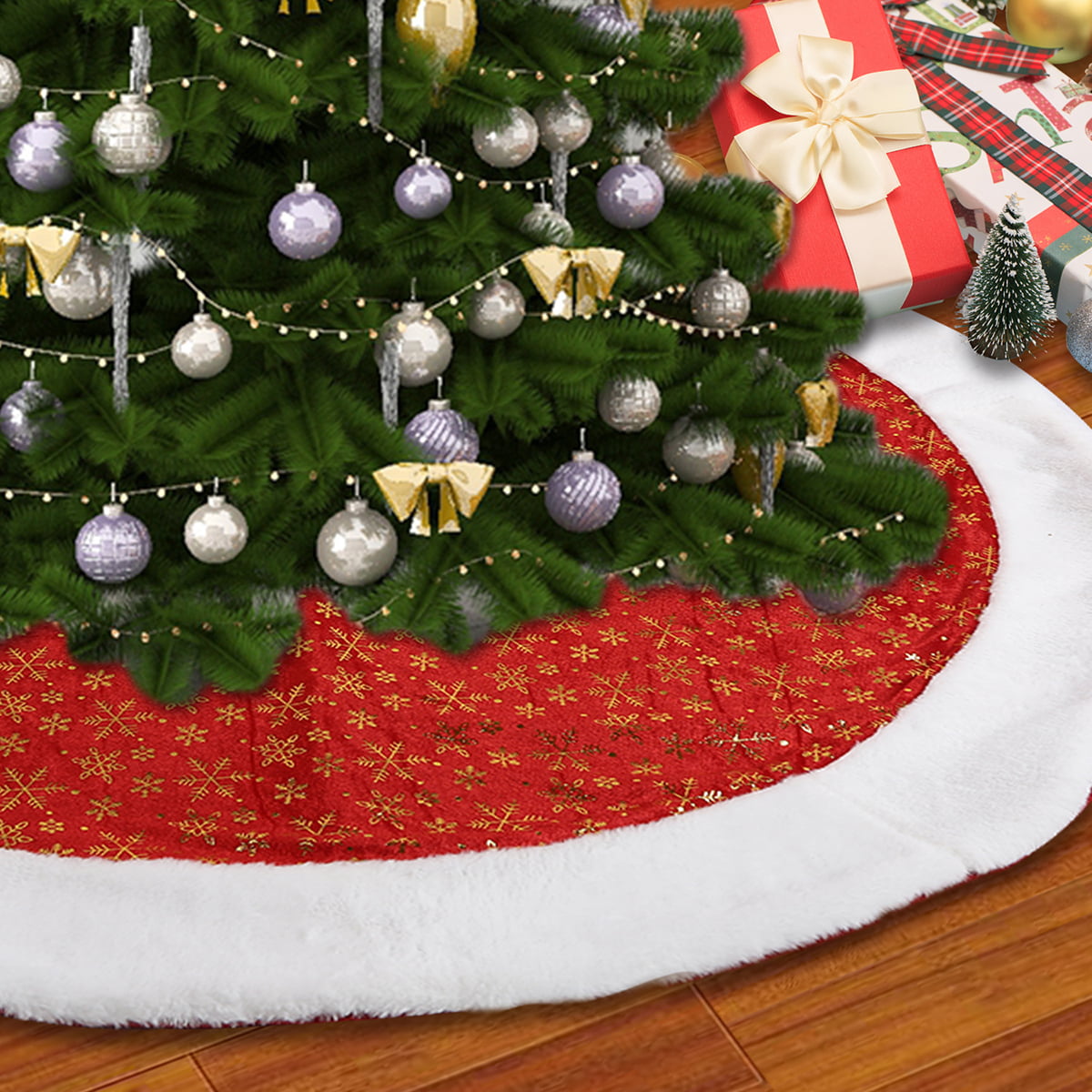 Details about   Christmas Tree Skirt Red White Merry Christmas Snowflakes 48 Inch New 