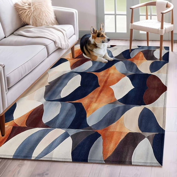 Navy Blue Burnt Orange Area Rug 4x6 FT, Non Slip Kids Room Carpet, Retro Geometric Abstract Washable Soft Floor Carpet Non-Shedding Throw Rug for Dorm Kitchen Study Room Home Office Bedside