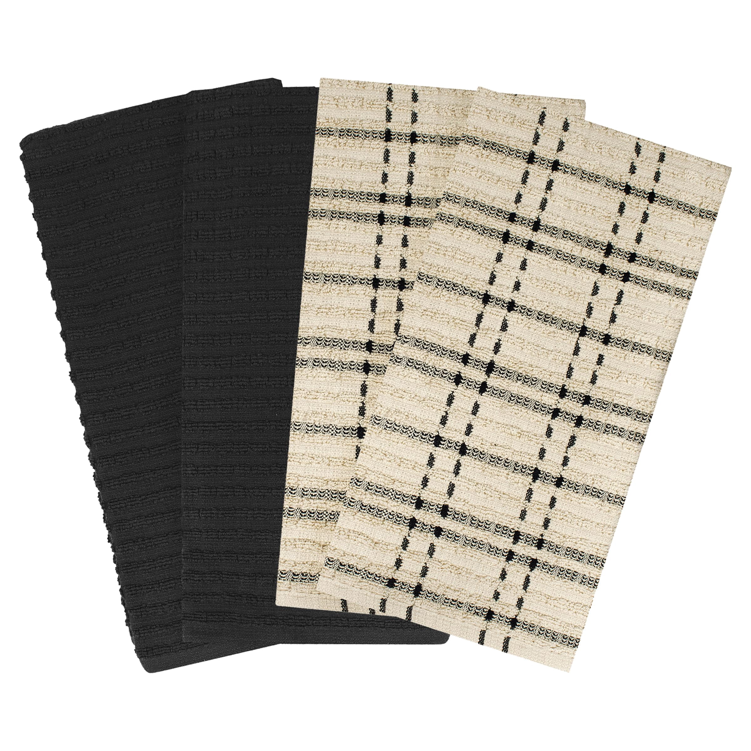 RITZ Royale Collection 100% Combed Terry Cotton, Oversized Kitchen Towel Set, 4-Pack, Solid & Coordinate, Black