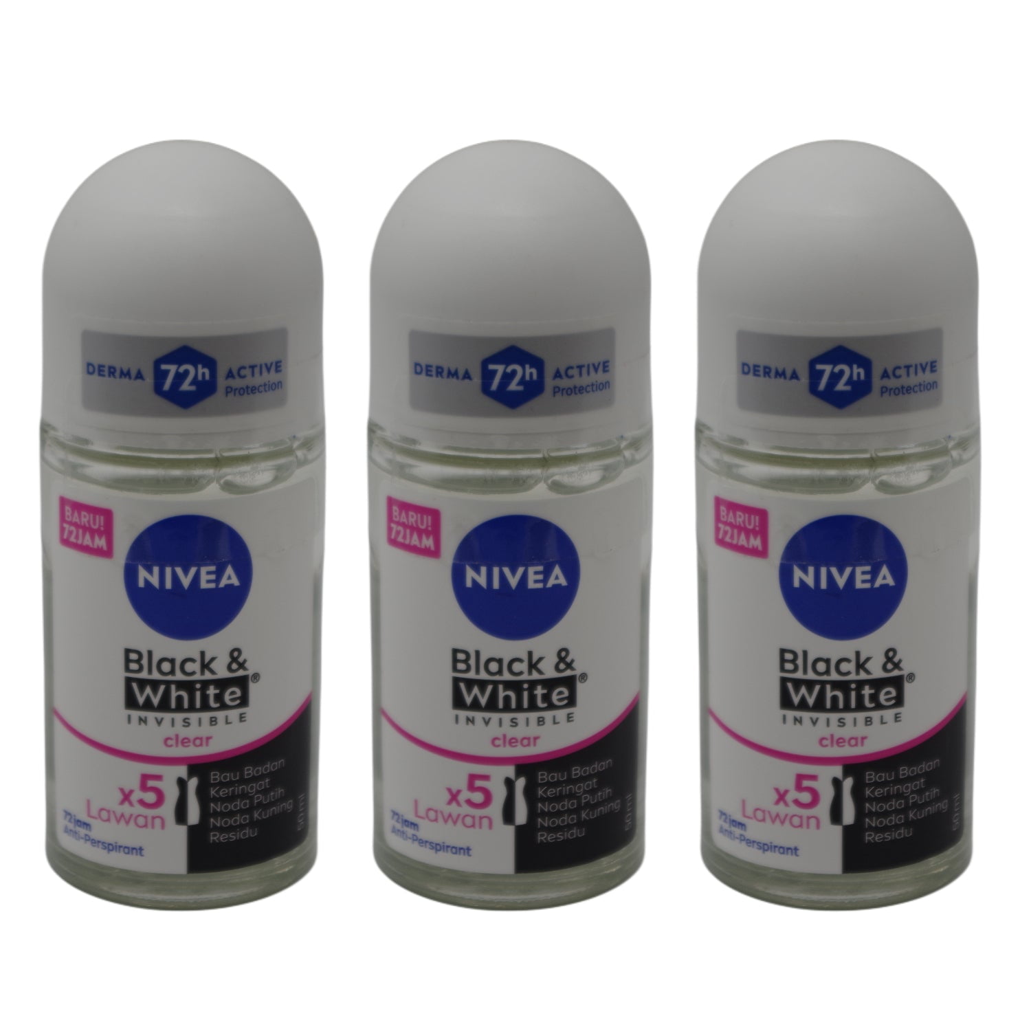 Nivea Black & White Pure Invisible Roll-On Deodorant for Women, Helps Protect Clothes from Marks, Clean Fresh Feminine Fragrance, 50ml - Pack of 3