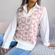 thumbnail image 4 of Suéter con cuello en V para mujer, chaleco con patrón de corazón dulce, sin mangas, suéter con dobladillo acanalado, prendas de punto informales, 4 of 8