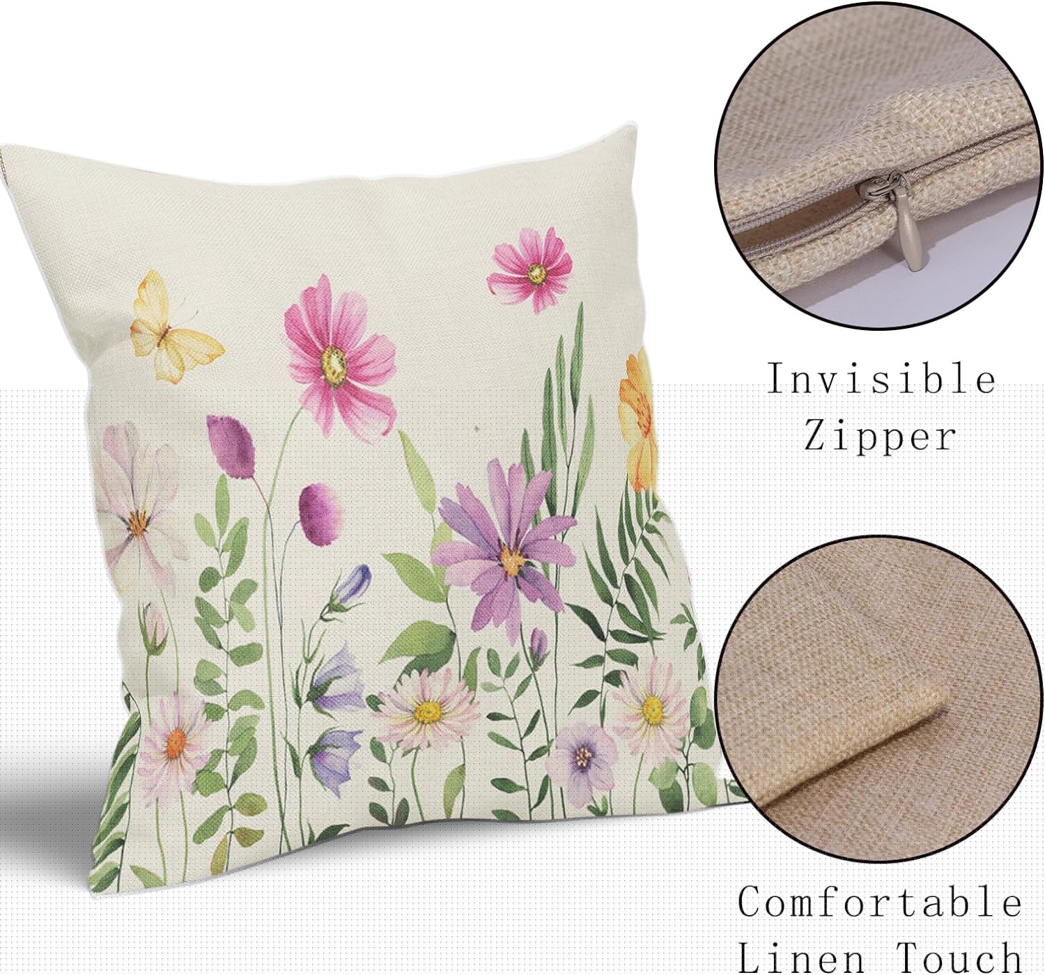 thumbnail image 4 of Spring Floral Pillow Covers 16x16 Inch Set of 2 Summer Colorful Flower Butterfly Outdoor Decorative Throw Pillow Covers Farmhouse Pillowcases Cotton Linen Cushion Covers for Couch Bed Sofa Chair Decor, 4 of 6