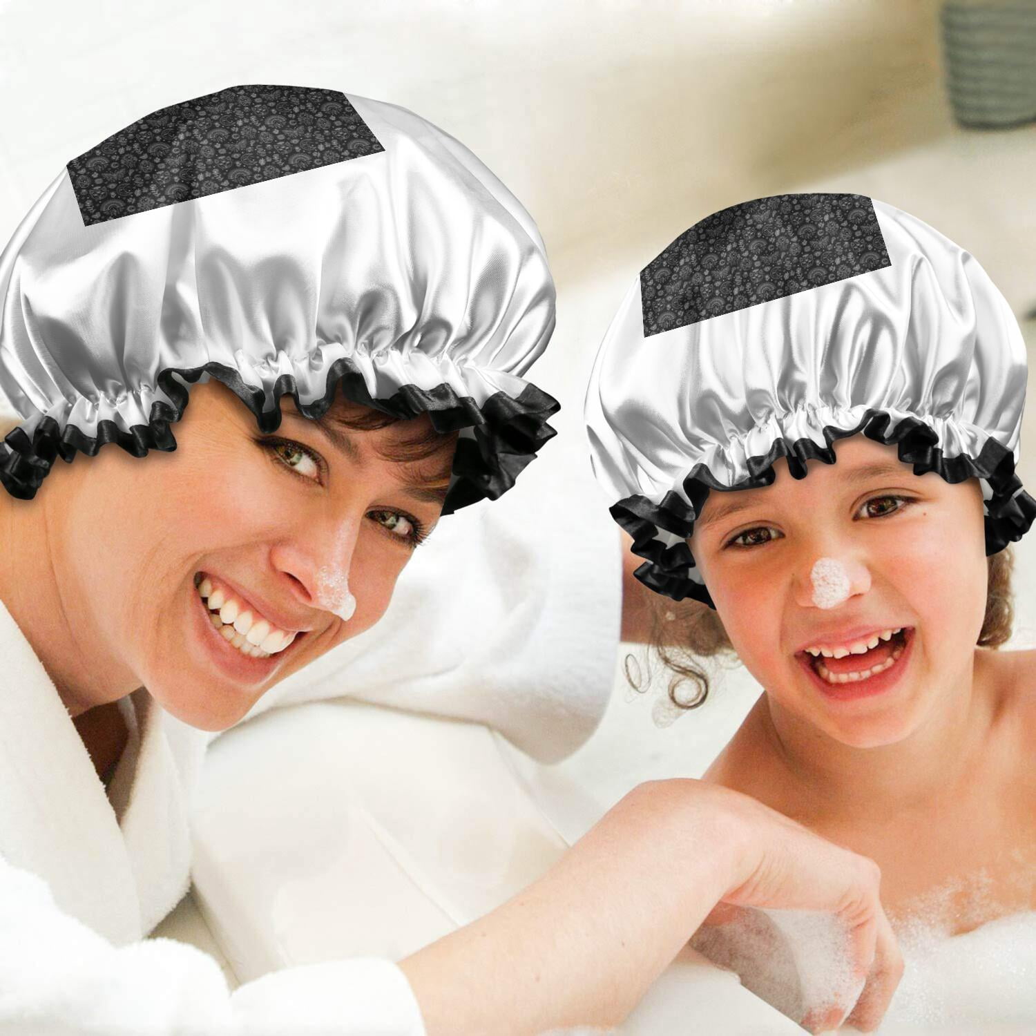 Shower Caps,Black White Cat Moon Butterfly Pattern Waterproof Shower Cap for Women 4 Pieces,Double Reusable Hair Cover for Shower PEVA Elastic Stretch Hem