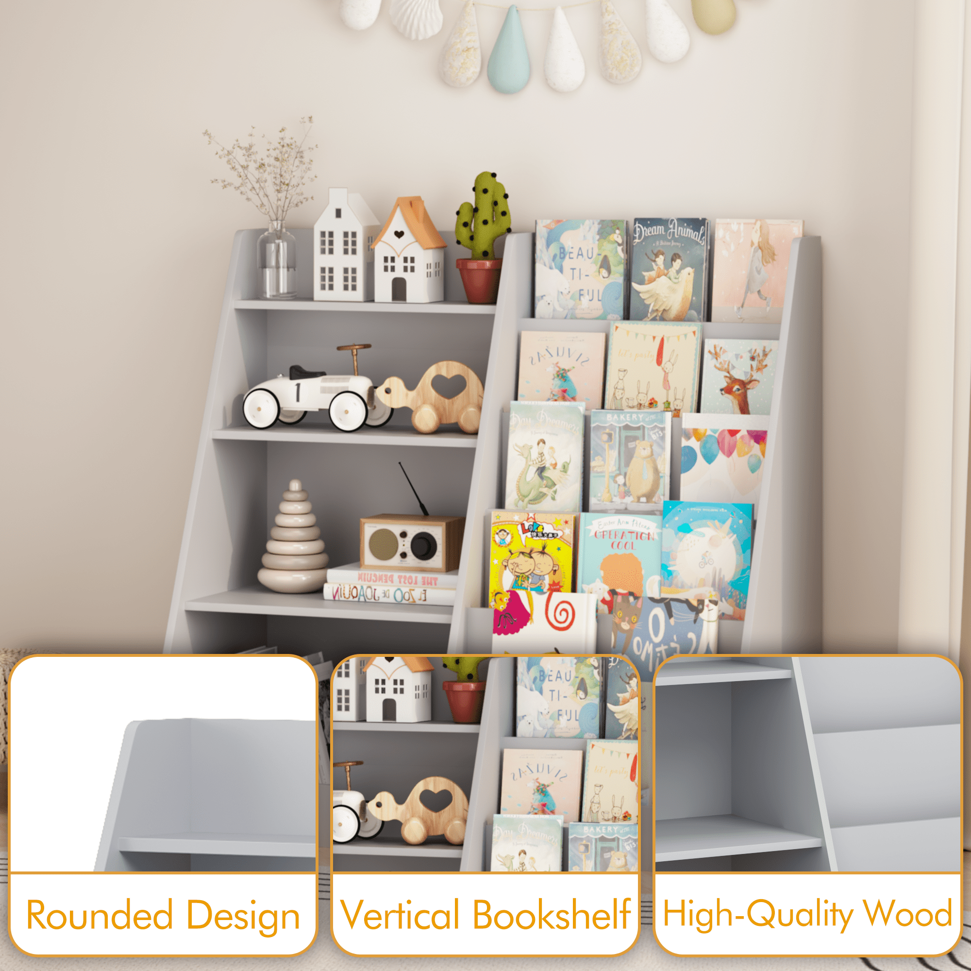 4-Tier Wooden Bookshelf with Toy Storage Bins, Multifunctional Children Bookcase Display Stand Organizer, Toddler Book Rack for Playroom Nursery Bedroom, Gray