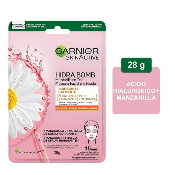 Mascarilla facial Garnier Skin Active en tela hidra bomb manzanilla más ácido hialurónico 28 g