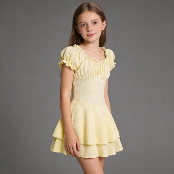 Piuwrlz Girls Summer Plain Dresses Girl Play Casual Dresses Princess Skirts Yellow Size 10-11 Years